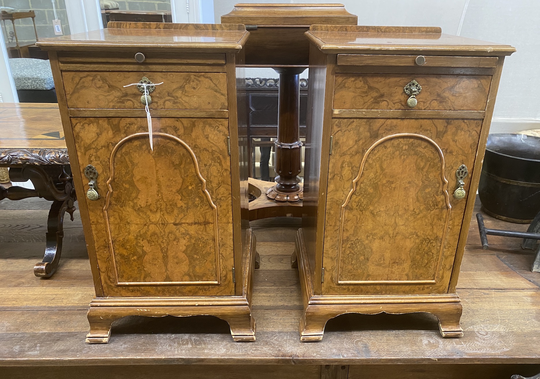 A pair of Queen Anne revival walnut bedside cabinets, Hamptons of Kensington, width 38cm, depth 37cm, height 74cm